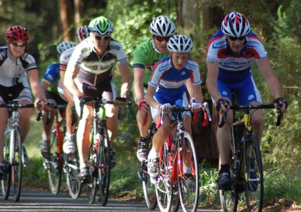 Pete Whelan and Jayden Manitveld lead the B Grade field up the Old Sale Road Climb.