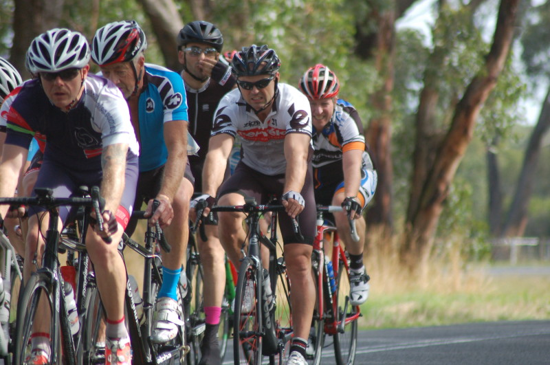 Shane Stiles blows a kiss at the camera. Shane Wakker, Geoff Thompson, Matt Parkinson and Rob Monk ride sensibly.